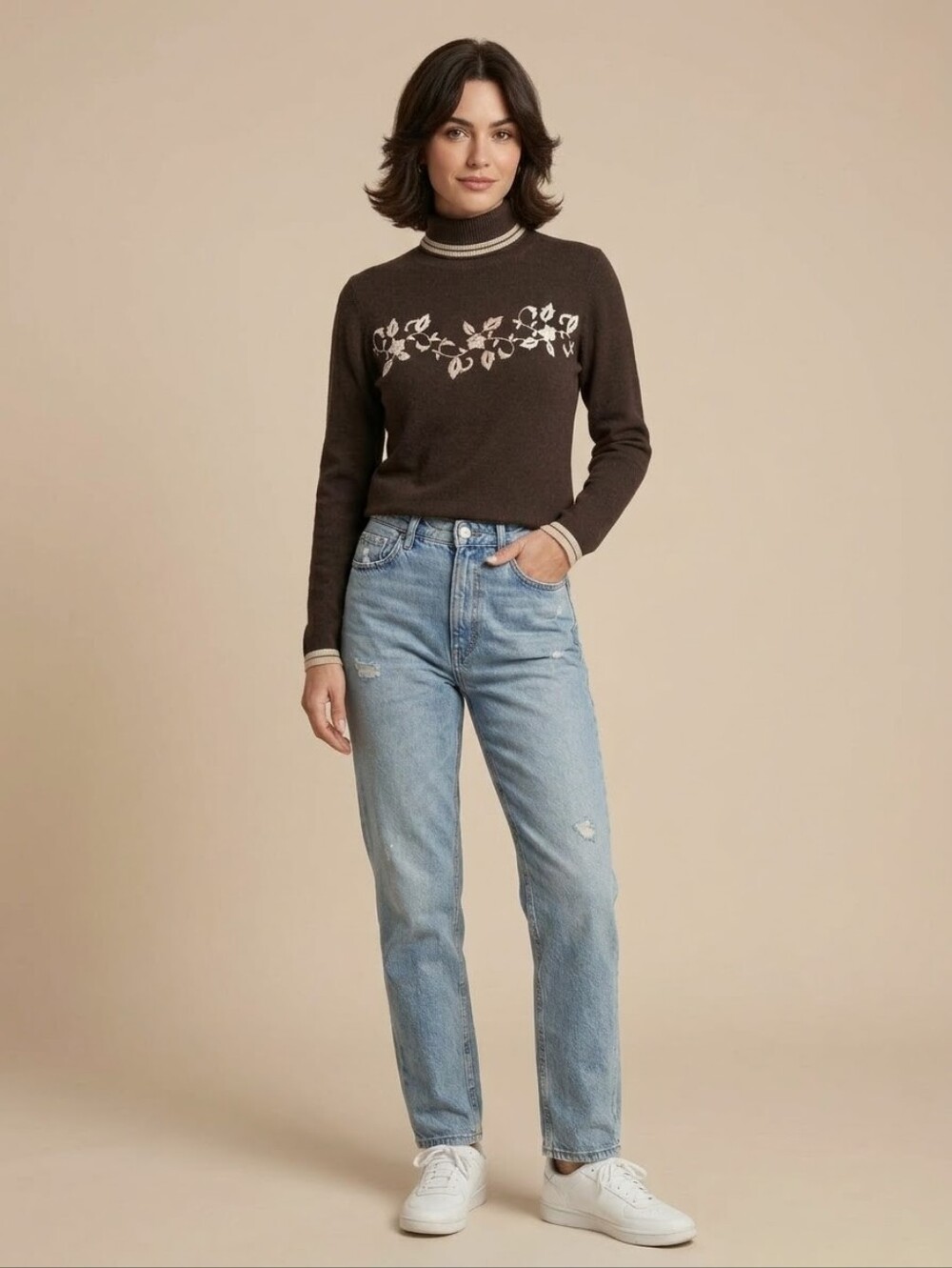 Jeanne Pierre Brown Cotton Floral Embroidered Turtleneck Sweater M Y2K Monica